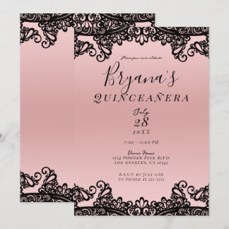 Pink Peach Black Ink Lace 15. Quinceañera Party Einladung