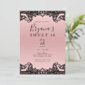 Pink Peach Black Ink Lace Sweet 16 Party Einladung (Stehend Vorderseite)