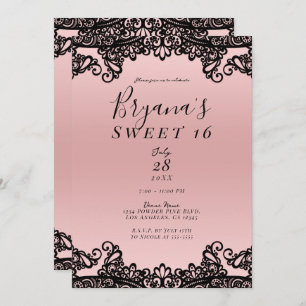 Pink Peach Black Ink Lace Sweet 16 Party Einladung
