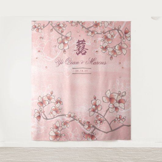Pink Peach Blossom Chinesisches Hochzeitsszenario Wandteppich (Vorderseite)