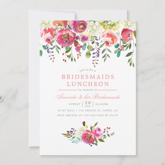 Pink Peach Blume Bridesmaids Luncheon Einladung (Vorderseite)