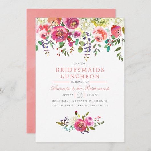 Pink Peach Blume Bridesmaids Luncheon Einladung (Vorne/Hinten)