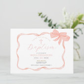 Pink Peach Bow Einladung zur Weihnachtsfeier (Stehend Vorderseite)