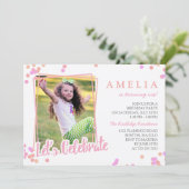 Pink & Peach Confetti Foto Kindergeburtstag Party Einladung (Stehend Vorderseite)