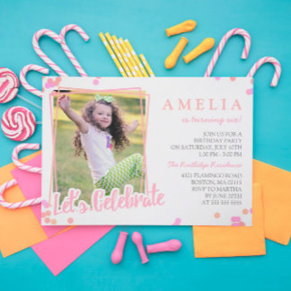 Pink & Peach Confetti Foto Kindergeburtstag Party Einladung