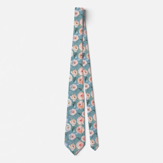 Pink Peach Dusty Light Blue Rose Floral Neck Tie Krawatte (Vorderseite)
