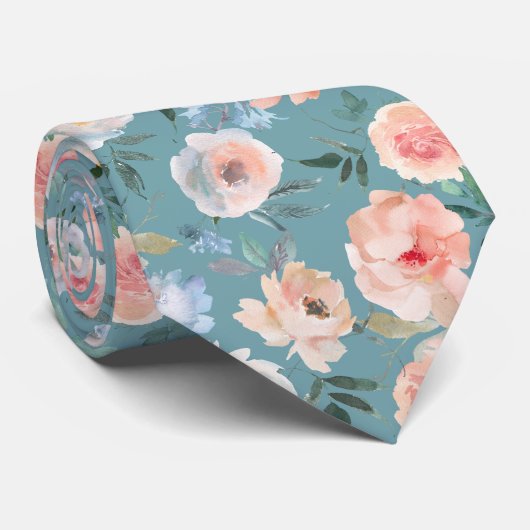 Pink Peach Dusty Light Blue Rose Floral Neck Tie Krawatte (Gerollt)