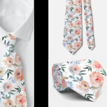 Pink Peach Dusty Light Blue Rose Floral Neck Tie