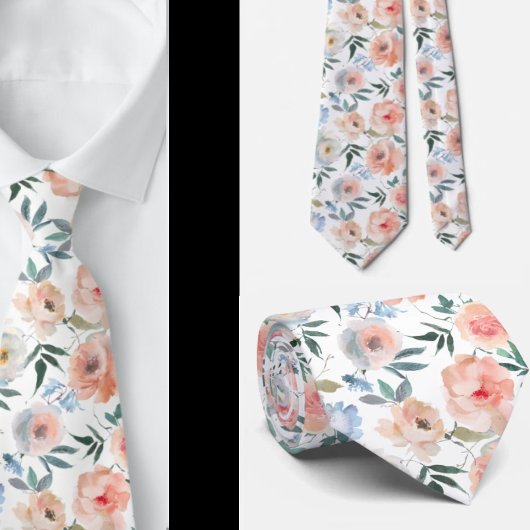 Pink Peach Dusty Light Blue Rose Floral Neck Tie Krawatte