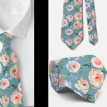 Pink Peach Dusty Light Blue Rose Floral Neck Tie