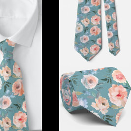 Pink Peach Dusty Light Blue Rose Floral Neck Tie Krawatte