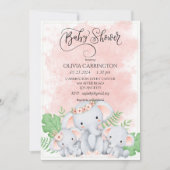 Pink Peach Elephant Watercolor Babydusche Einladung (Vorderseite)