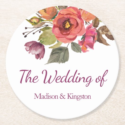 Pink Peach Fall Elegante Blumenhochzeit Runder Pappuntersetzer (Vorderseite)