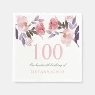 Pink Peach Floral Aquarell 100. Geburtstag Serviette