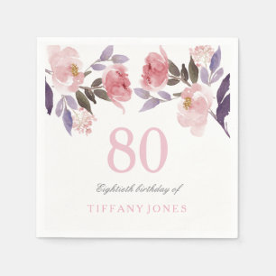 Pink Peach Floral Aquarell 80. Geburtstag Serviette