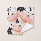 Pink Peach floral-Black Stencil-Glitzer Diamonds Badhandtuch Set (Waschlappen)