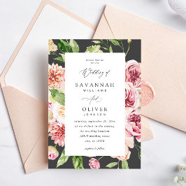 Pink & Peach Floral & Greenerity Wedding - Gray V2 Einladung