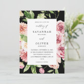 Pink & Peach Floral & Greenerity Wedding - Schwarz Einladung (Stehend Vorderseite)