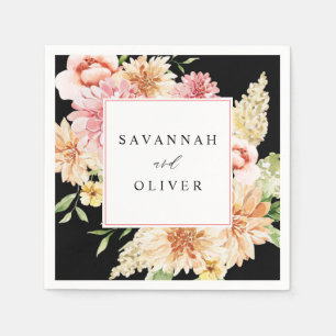 Pink & Peach Floral & Greenername - Schwarz Serviette