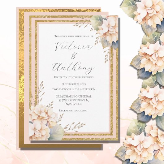 Pink Peach Floral Hydrangea Gold Moderne Hochzeit Einladung
