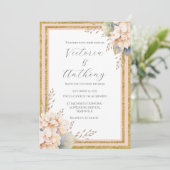 Pink Peach Floral Hydrangea Gold Moderne Hochzeit Einladung (Stehend Vorderseite)