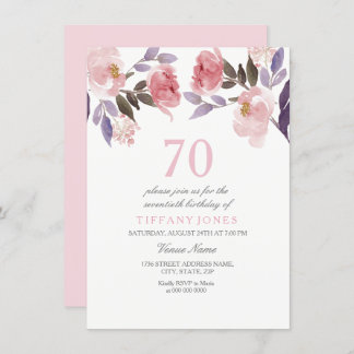 Pink Peach Floral Watercolor 70. Geburtstag Einlad Einladung