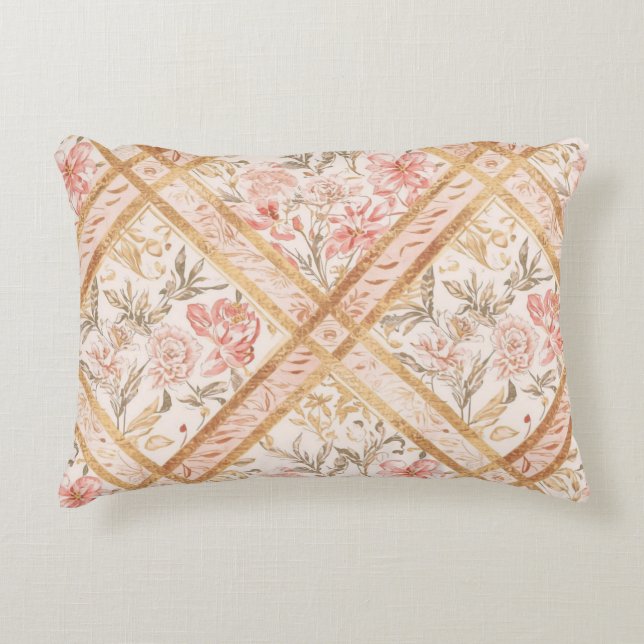 Pink Peach Florals Flowers Pattern and Ribbon Dekokissen (Vorderseite)