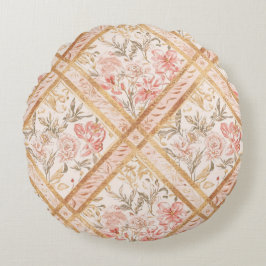 Pink Peach Florals Flowers Pattern and Ribbon Rundes Kissen
