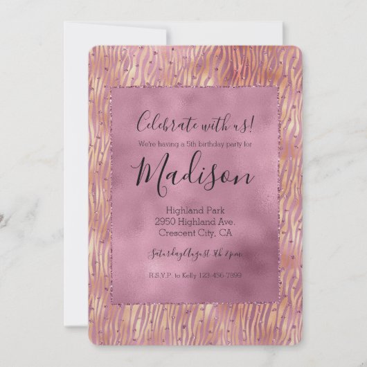 Pink Peach Glitzy Glitzern Sparkle Zebra Print Einladung (Vorderseite)