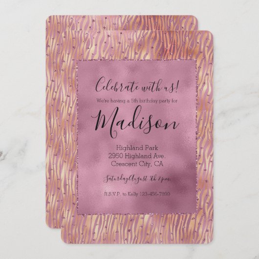 Pink Peach Glitzy Glitzern Sparkle Zebra Print Einladung (Vorne/Hinten)