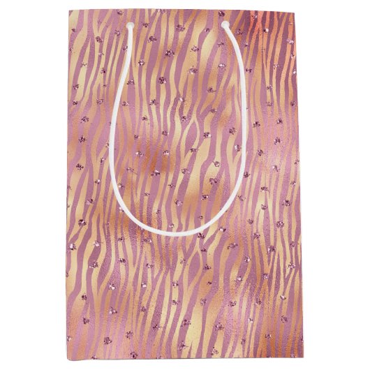 Pink Peach Glitzy Glitzern Sparkle Zebra Print Mittlere Geschenktüte (Vorderseite)