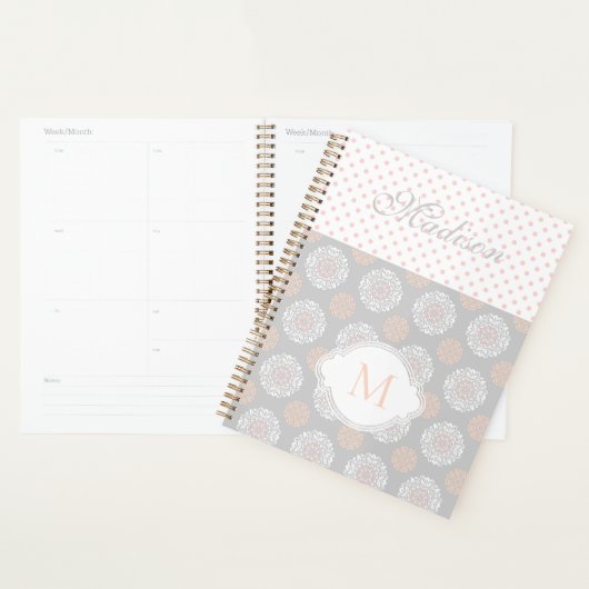 Pink Peach Gray Dots Trendy Monogram Planer (Anzeige)