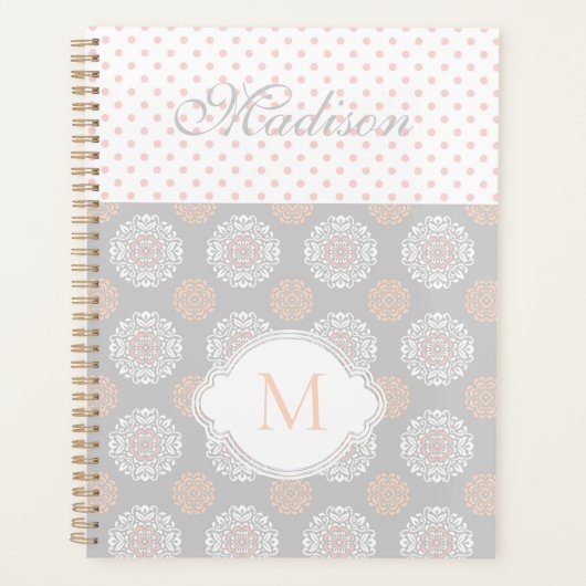 Pink Peach Gray Dots Trendy Monogram Planer (Vorderseite)