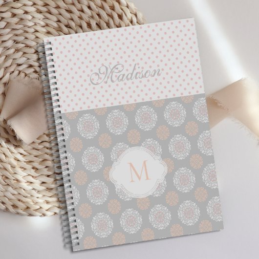 Pink Peach Gray Dots Trendy Monogram Planer
