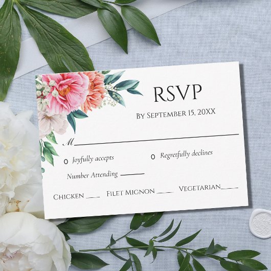 Pink Peach Peonies Floral Eukalyptus Wedding RSVP Karte