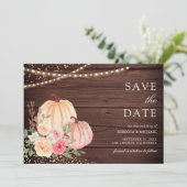 Pink Peach Pumpkin Floral Barn Wood Wedding Save The Date (Stehend Vorderseite)