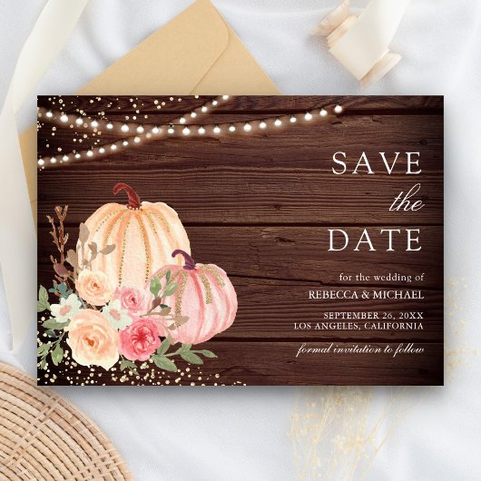 Pink Peach Pumpkin Floral Barn Wood Wedding Save The Date