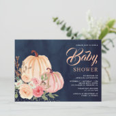 Pink Peach Pumpkin Floral Navy Blue Baby Dusche Einladung (Stehend Vorderseite)