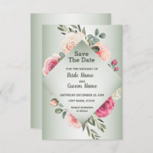Pink Peach Roses Rustic Green Geometric