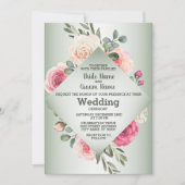 Pink Peach Roses Rustic Green Geometric Wedding Einladung (Vorderseite)