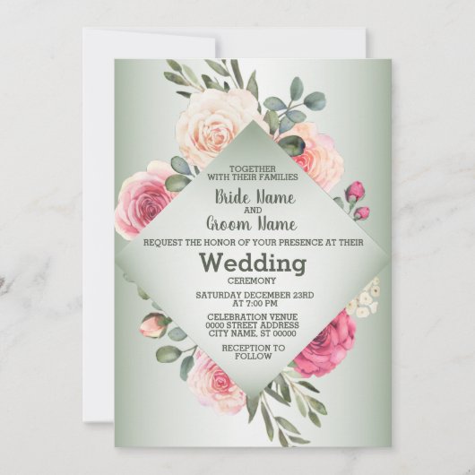 Pink Peach Roses Rustic Green Geometric Wedding Einladung (Vorderseite)