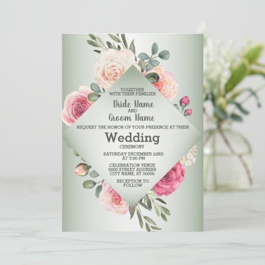 Pink Peach Roses Rustic Green Geometric Wedding Einladung (Stehend Vorderseite)