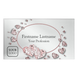 Pink Peach Shiny Hearts Geometrisches Elegant Namenschild