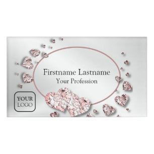 Pink Peach Shiny Hearts Geometrisches Elegant Namenschild
