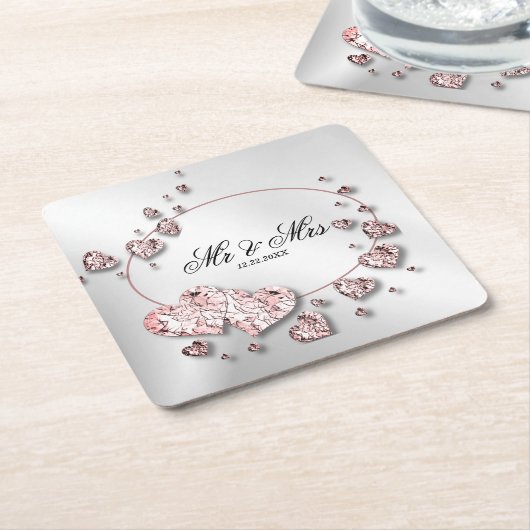 Pink Peach Shiny Hearts Geometrisches Elegant Rechteckiger Pappuntersetzer (angewinkelt)