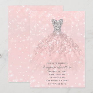 Pink Peach Silver Glitzer Sparkle Dress Sweet 16 Einladung