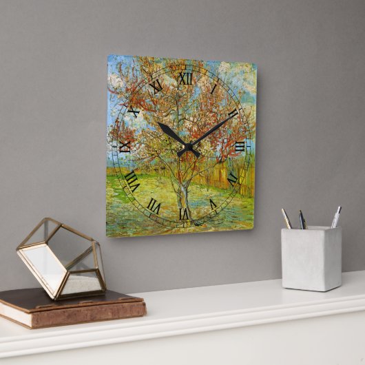 Pink Peach Tree in Blossom von Vincent van Gogh Quadratische Wanduhr (Büro)