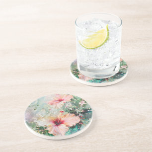 Pink Peach Tropical Hibiskus Floral Geburtstag Getränkeuntersetzer