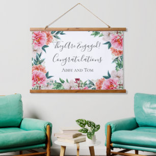 Pink Peach White Floral Peel Verlobung Banner Wandteppich Mit Holzrahmen