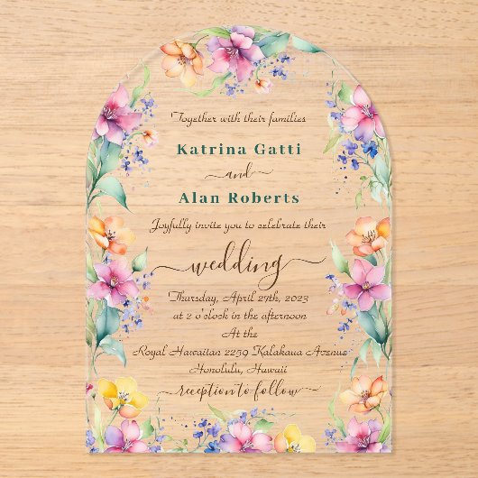 Pink Peach Yellow Blooms Wedding Invitation Acryleinladungen (Vorderseite)